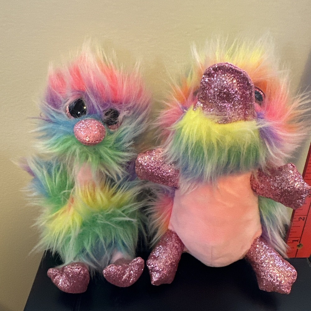 Ty PIPPA And ASHA Rainbow Sherbert Fur Platypus AND Ostrich Beanie Boo